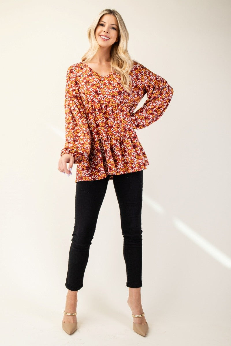 Celeste Full Size Floral V-Neck Balloon Sleeve Blouse