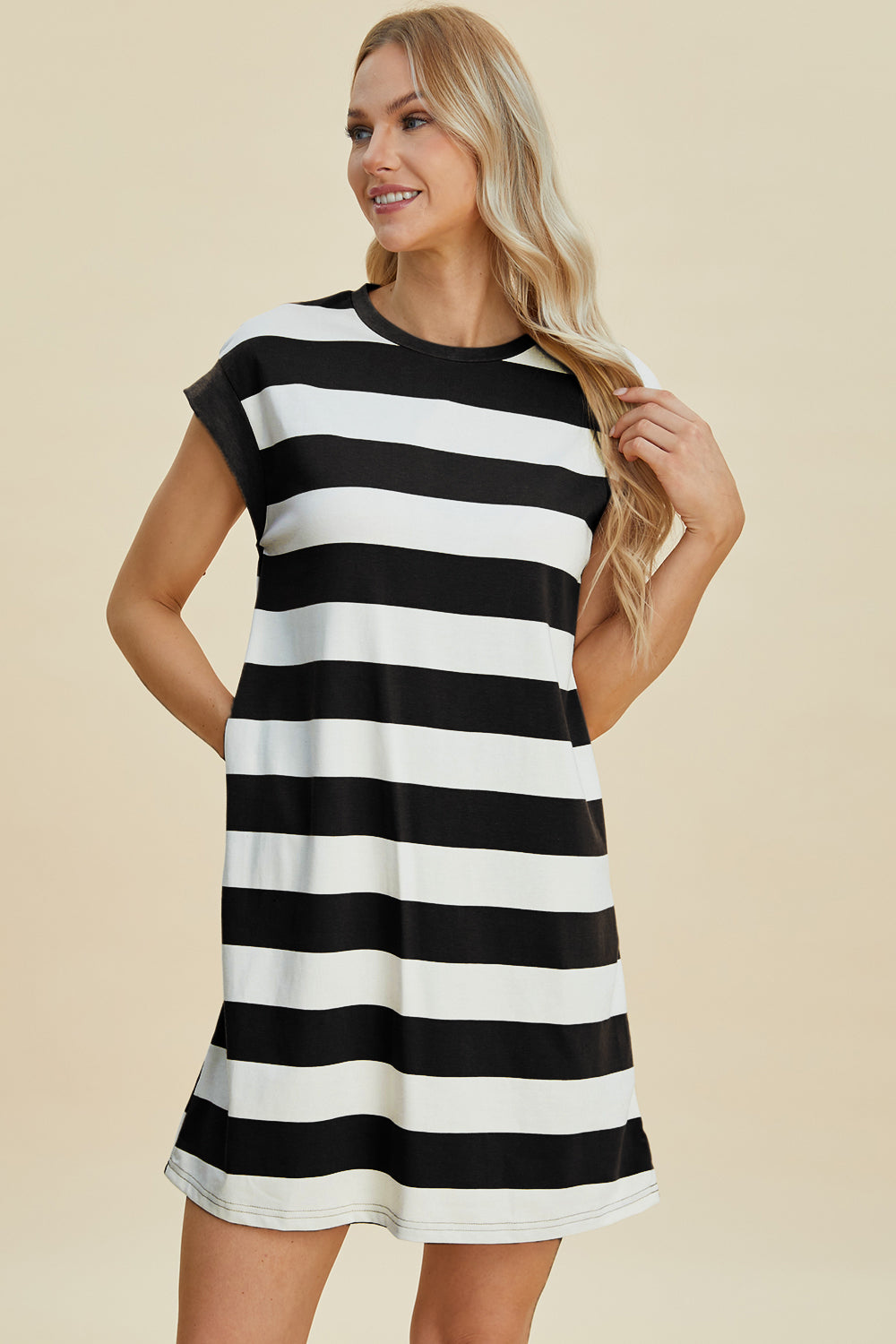 Basic Bae Full Size Striped Round Neck Cap Sleeve Mini Dress *