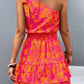 Tied Smocked Printed Single Shoulder Mini Dress