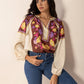 Printed Notched Long Sleeve Blouse