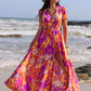 Full Size Printed V-Neck Short Sleeve Midi Dress