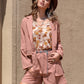 Lace Detail Collared Neck Long Sleeve Top and Shorts Set