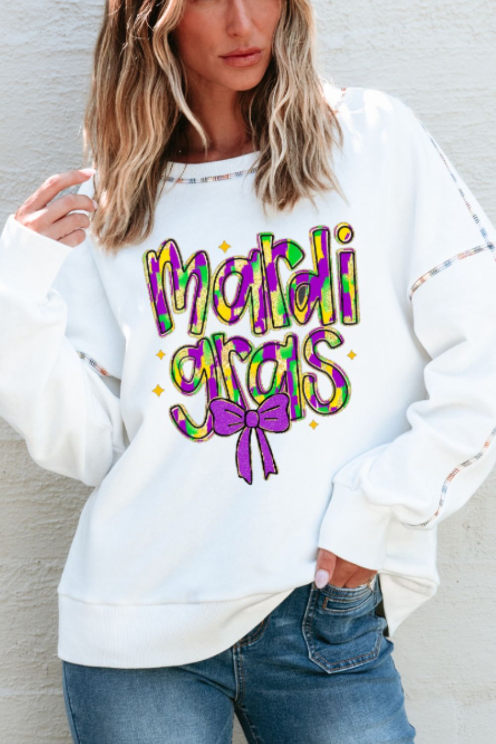 MARDI GRAS White Round Neck Long Sleeve Sweatshirt