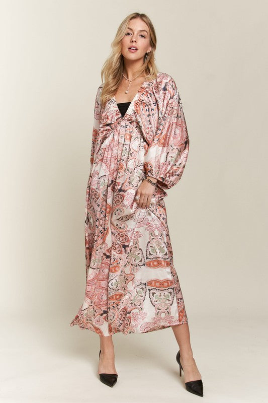 ADORA Printed V-Neck Batwing Sleeve Dress