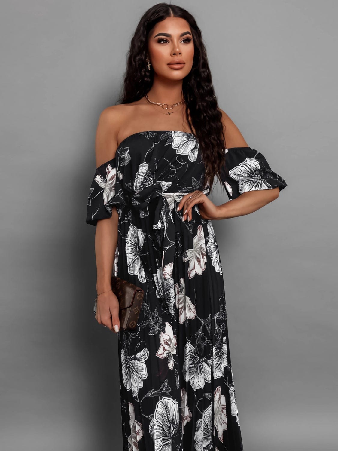 Full Size Pleated Floral Off-Shoulder Short Sleeve Midi Dress