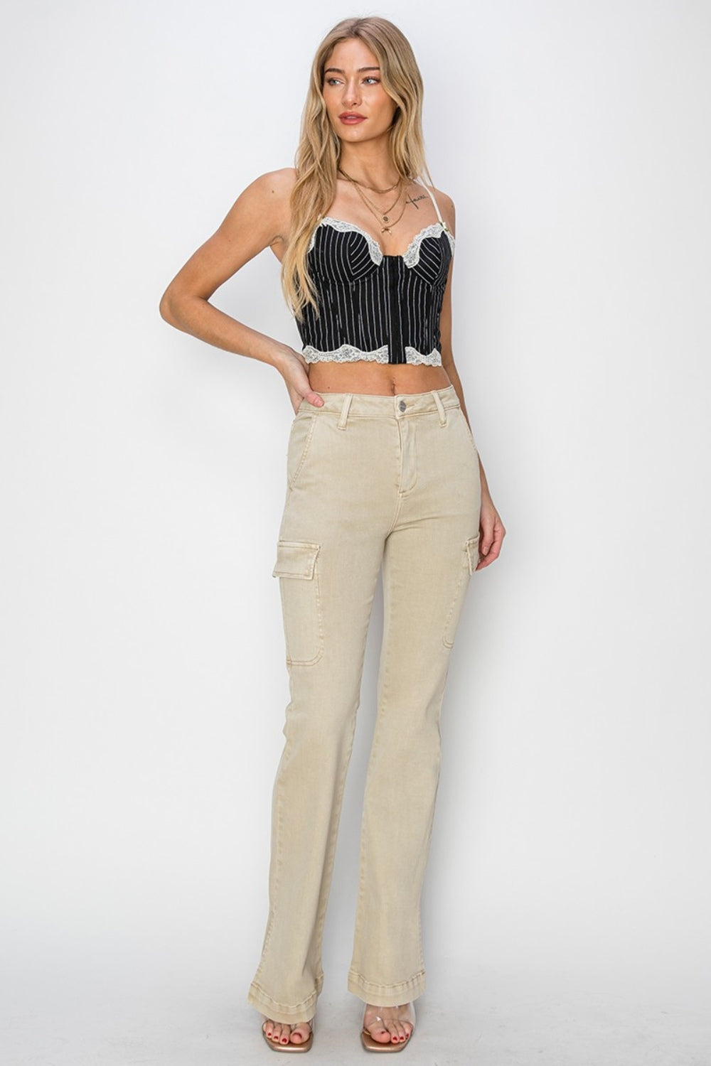 RISEN Full Size High Rise Side Slit Cargo Bootcut Jeans *
