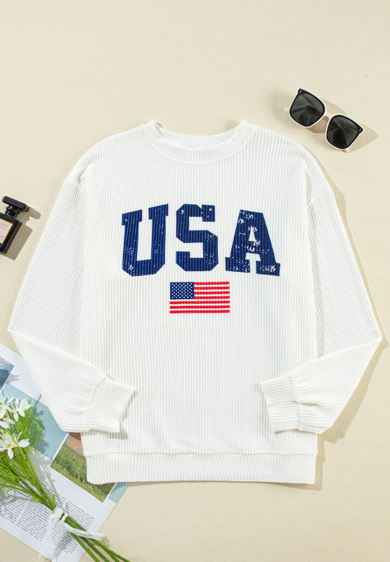 US Flag White Corded Long Sleeve Sweatshirt