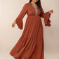 Plus Size Ruffled Notched Long Sleeve Midi Dress