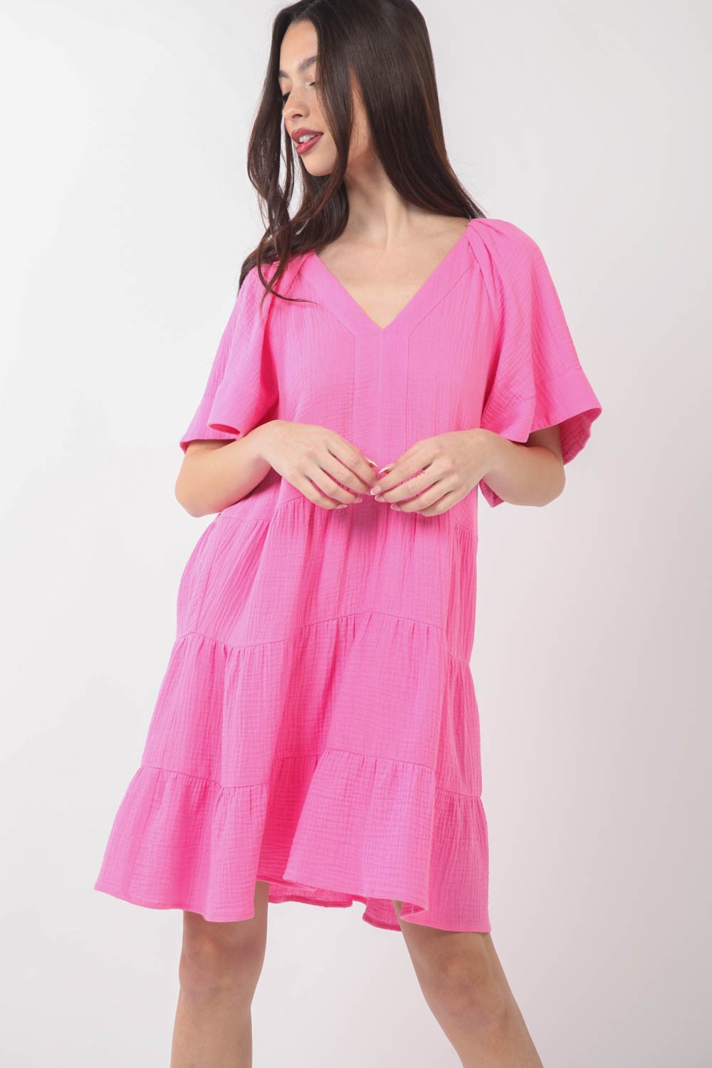 VERY J Texture V-Neck Ruffled Tiered Dress *