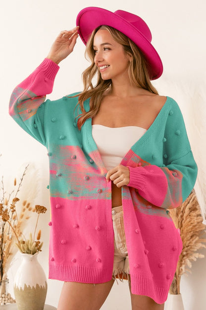 BiBi Color Block Pompom Sweater Cardigan - Brand BiBi