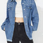 Raw Hem Pearl Trim Collared Neck Denim Top