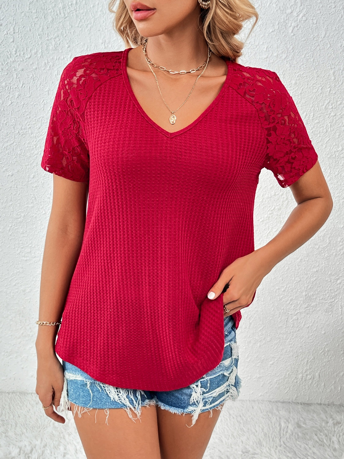 Full Size Lace Detail V-Neck Short Sleeve T-Shirt