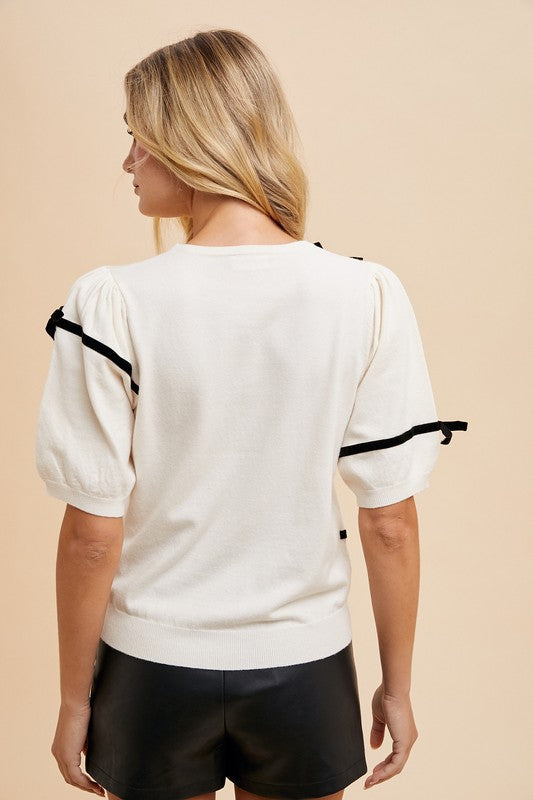 Annie Wear Striped Bow Round Neck Knit Top *