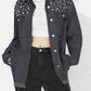 Raw Hem Pearl Trim Collared Neck Denim Top