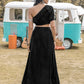 Ruffled Single Shoulder Top and Slit Skirt Set