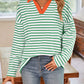 Lovelet Striped Johnny Collar Long Sleeve T-Shirt