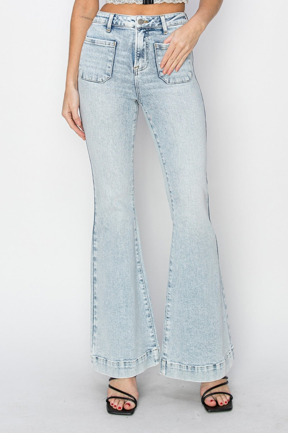Risen Full Size High Rise Front Patch Pocket Flare Jeans *
