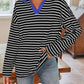 Lovelet Striped Johnny Collar Long Sleeve T-Shirt