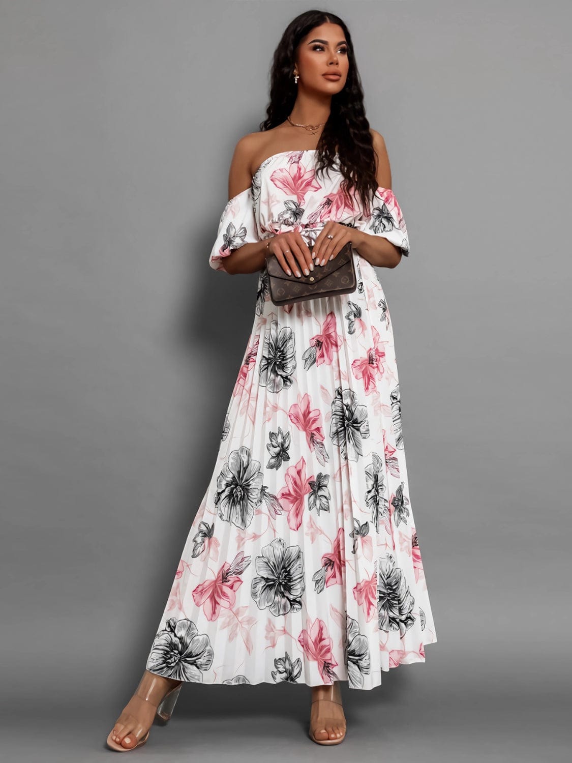 Full Size Pleated Floral Off-Shoulder Short Sleeve Midi Dress