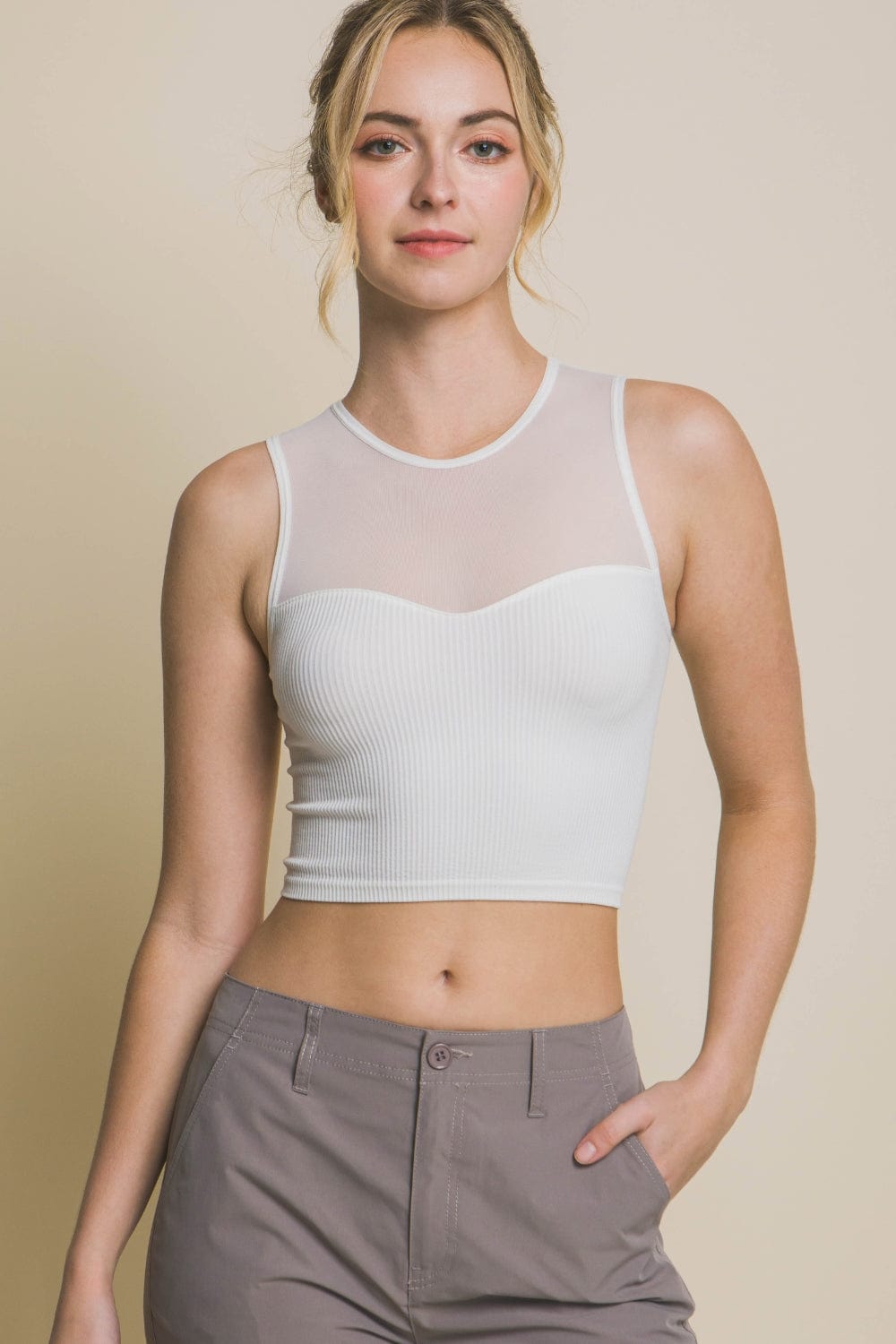 Love Tree Round Neck Ribbed Cropped Mesh Tank *