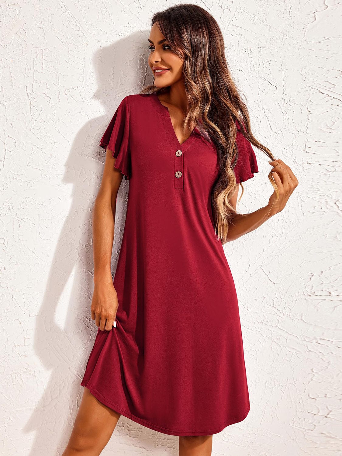 Full Size Notched Short Sleeve Lounge Dress