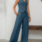 V-Neck Button Down Vest and Wide Leg Pants Set