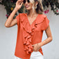 Ruffled V-Neck Short Sleeve Blouse