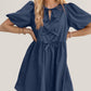 Oh Bow Ruched Puff Sleeve Mini Dress