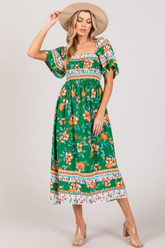 SAGE + FIG Printed Green Smocked Short Sleeve Midi Dress