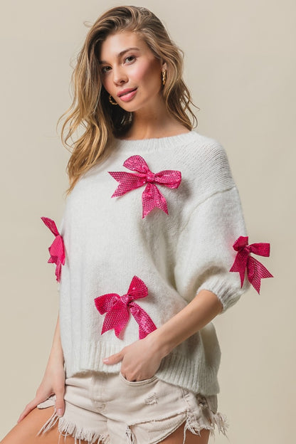 BiBi Sequin Bow Puff Sleeve Sweater - Brand BiBi