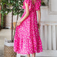 Reborn J Printed Fuchsia V-Neck Ruffle Trim Tiered Midi Dress
