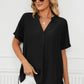 Full Size Side Slit Notched Neck Cuffed Short Sleeve Blouse