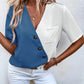 Full Size Decorative Button Surplice Short Sleeve Blouse