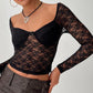 Lace Sweetheart Neck Long Sleeve T-Shirt