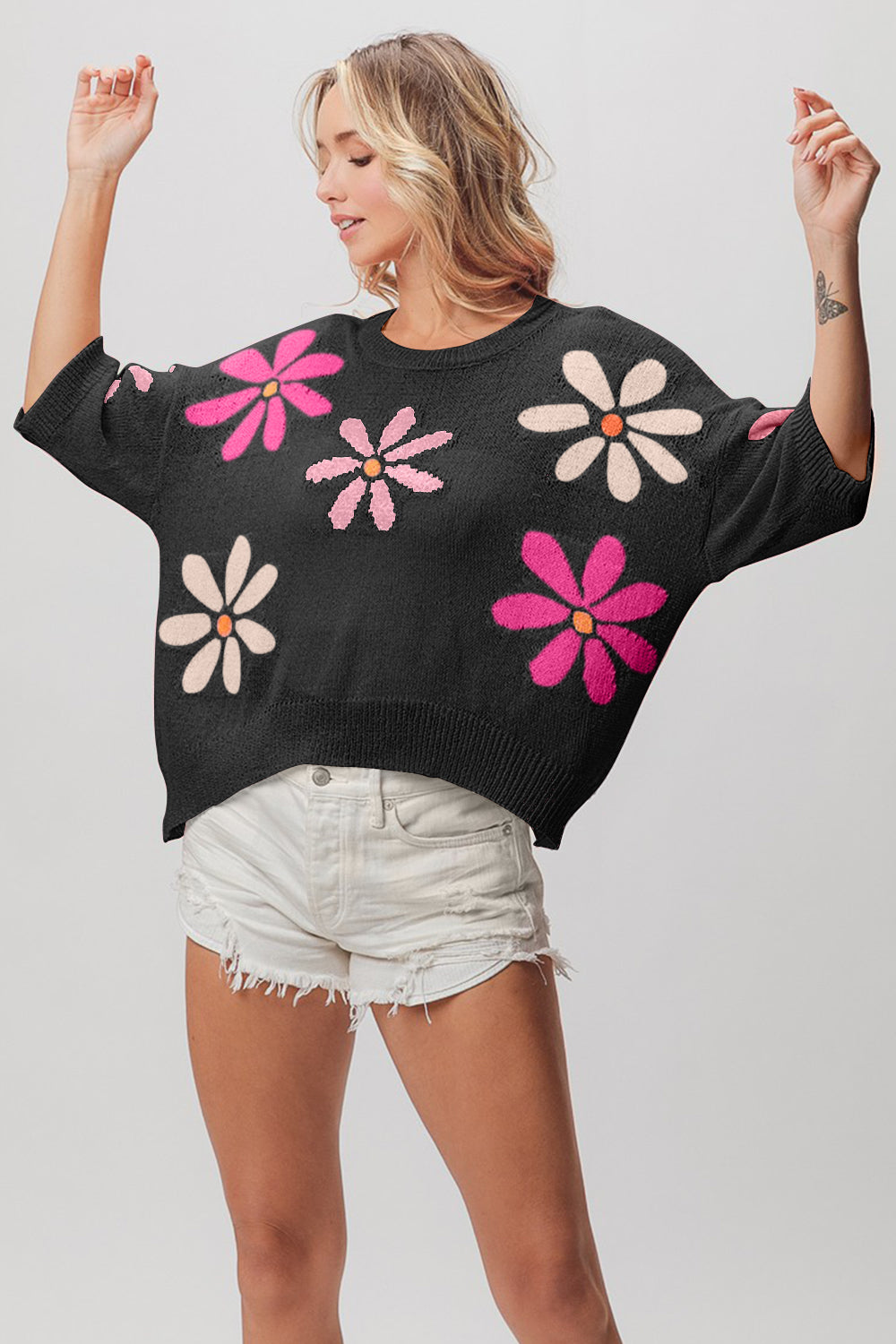 BiBi Floral Pattern Cropped Sweater *