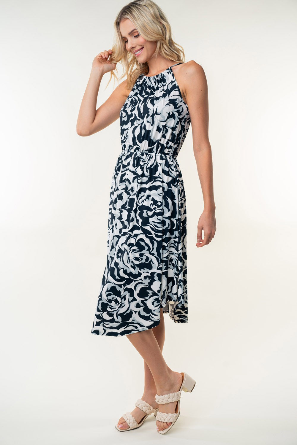 White Birch Tied Ruched Floral Sleeveless Knee Length Dress *