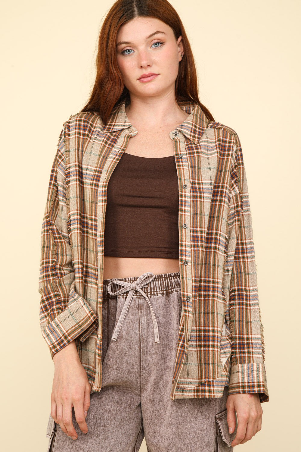 VERY J Contrast Plaid Raw Detail Shirt *