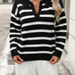 Striped Johnny Collar Long Sleeve Sweater
