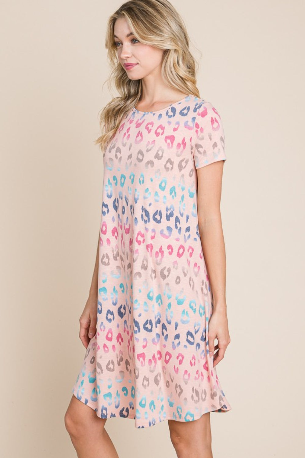 BOMBOM Leopard Round Neck Short Sleeve Dress *