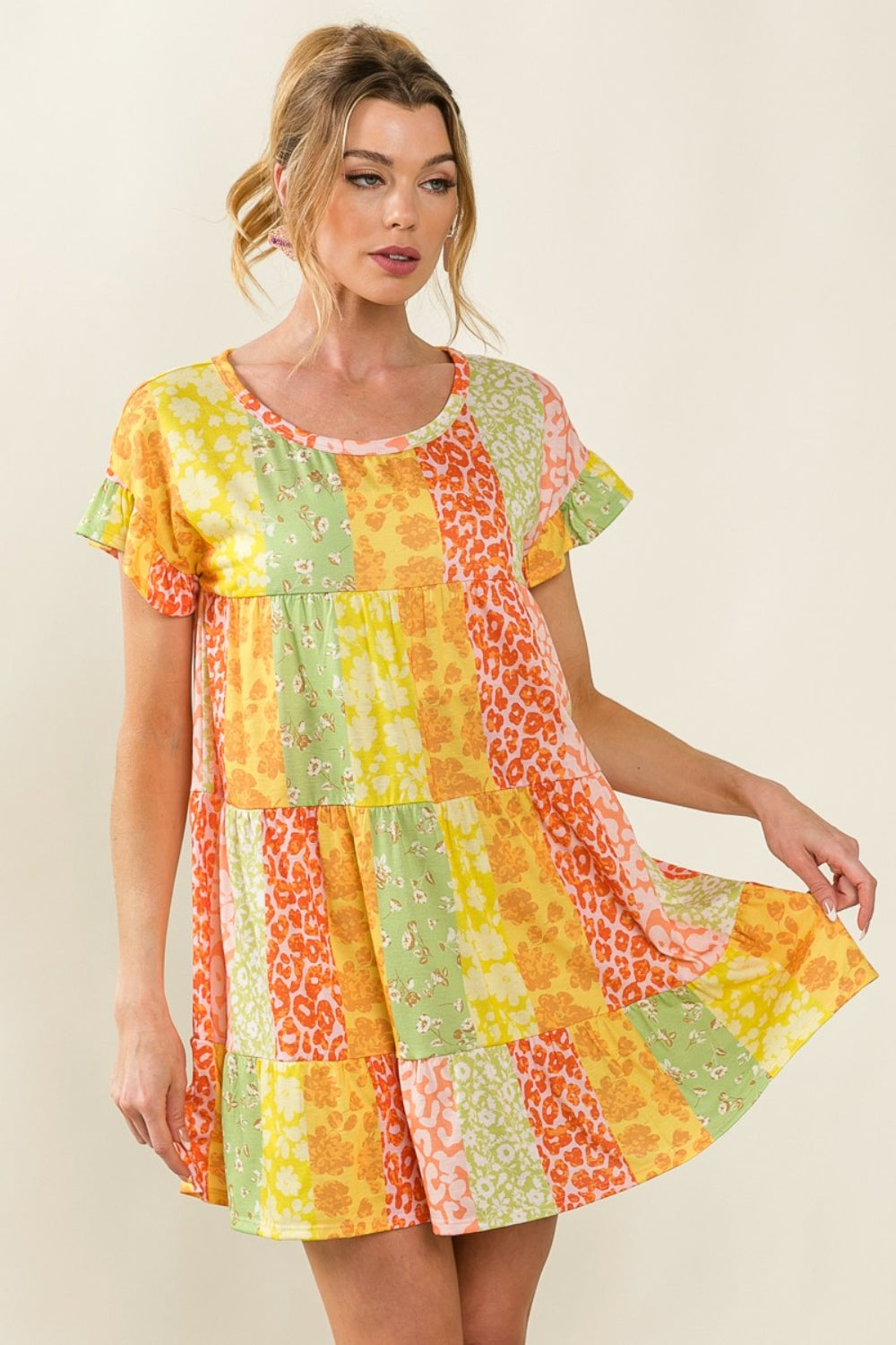 BiBi Leopard Short Sleeve Tiered Dress *