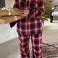 Plaid Collared Neck Button Up Top and Pants Lounge Set