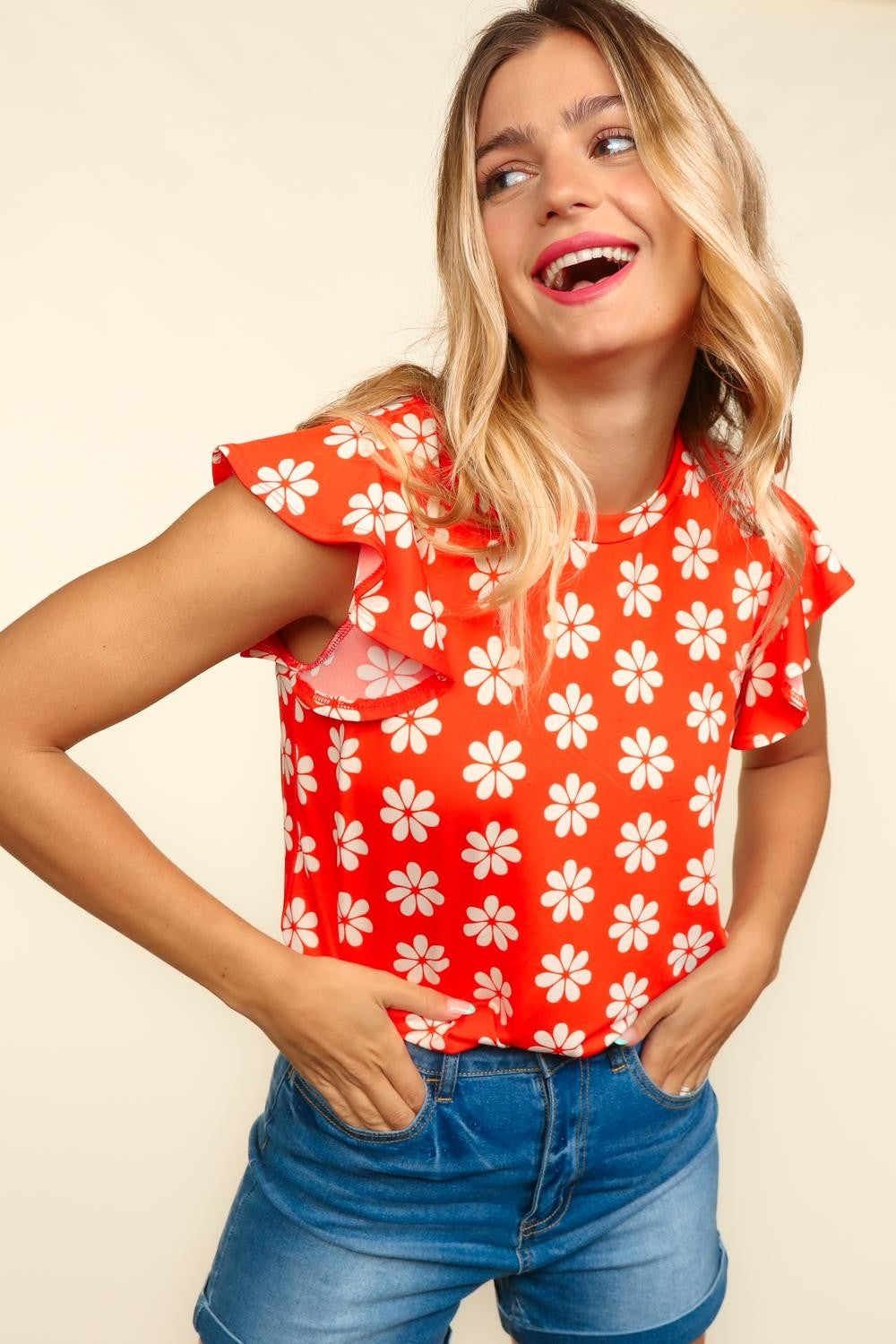 Haptics Round Neck Ruffled Floral Contrast Knit Top *