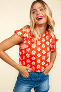 Haptics Round Neck Ruffled Floral Contrast Knit Top *