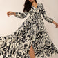 Tied Printed V-Neck Long Sleeve Midi Dress