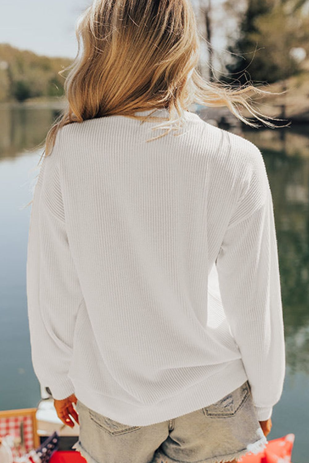 US Flag White Corded Long Sleeve Sweatshirt