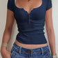 Half Button Scoop Neck Short Sleeve Knit Top