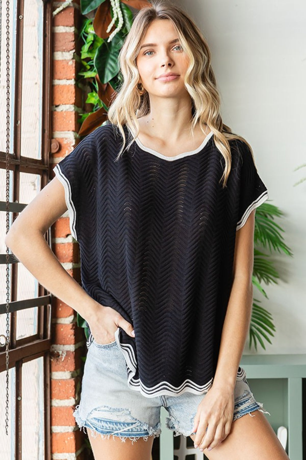 First Love Full Size Contrast Wavy Crochet Drop Shoulder Knit Top *