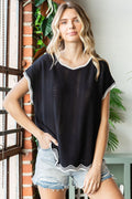 First Love Full Size Contrast Wavy Crochet Drop Shoulder Knit Top *