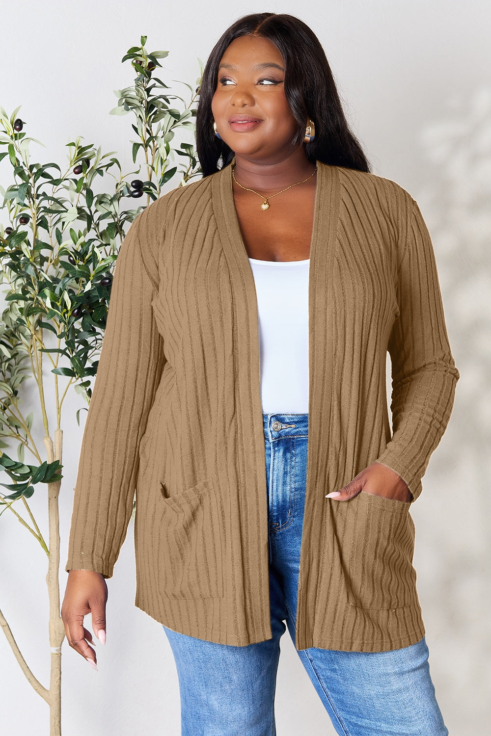 Basic Bae Full Size Ribbed Open Front Cardigan with Pockets *