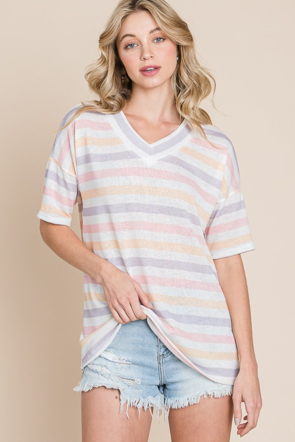 BOMBOM Striped V-Neck Short Sleeve T-Shirt *